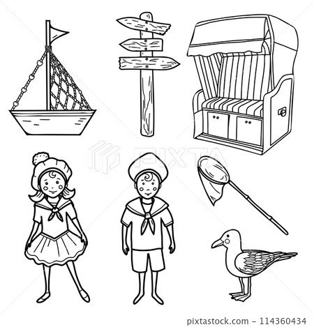 Marine Set of little Sailor Boy and Girl, cute Ship, Boat and Fishing Net. Hooded beach Chair from Baltic or north Sea, Germany, wooden Signpost and cute Seagull isolated illustration in Doodle style. Marine Set of little Sailor Boy and Girl, cute Ship, Boat and Fishing Net. Hooded beach Chair from Baltic or north Sea, Germany, wooden Signpost and cute Seagull isolated illustration in Doodle style. 114360434