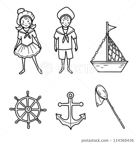 Marine Set of little Sailor Boy and Girl, cute Ship, Boat and Steering wheel. Anchor and Fishing Net isolated illustration in Doodle style. Nautical sketch. 114360436