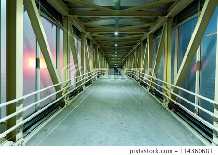 Symmetrical steel framework creates an industrial aesthetic, while the emptiness of the walkway 114360681