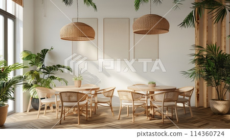 Cozy Natural Light Dining Area with Rattan Furniture 114360724