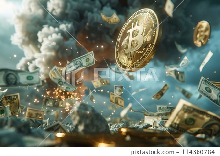 Bitcoin Amidst Stormy Skies and Dollar Bill Explosion Bitcoin Amidst Stormy Skies and Dollar Bill Explosion 114360784
