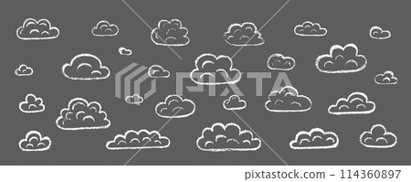 Chalk grunge cloud set. Hand drawn vector stock kid crayon illustration isolated on black background for design template art children education material, weather forecast, business presentation. EPS10 Chalk grunge cloud set. Hand drawn vector stock kid crayon illustration isolated on black background for design template art children education material, weather forecast, business presentation. EPS10 114360897