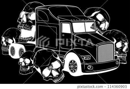 white silhouette of American Truck with skulls around vector illustration on black background digital hand draw 114360903
