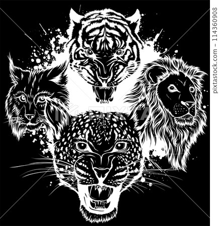 white silhouette of big cats vector set. Illustration of cougar, jaguar, leopard, lion, tiger, cheetah, snow leopard. 114360908
