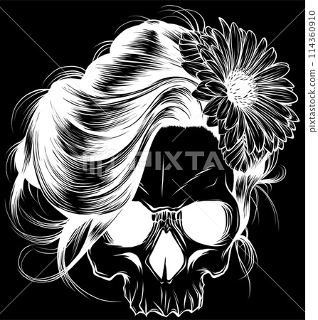 white silhouette of female skull with colorful flowers vector illustration on black background white silhouette of female skull with colorful flowers vector illustration on black background 114360910