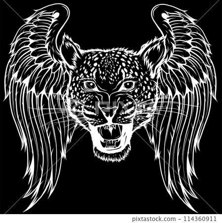 white silhouette of leopard head with wings vector design on black background white silhouette of leopard head with wings vector design on black background 114360911