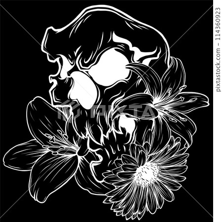 white silhouette of Skull and Flowers Vector Illustration Day of The Dead. digital hand draw white silhouette of Skull and Flowers Vector Illustration Day of The Dead. digital hand draw 114360923
