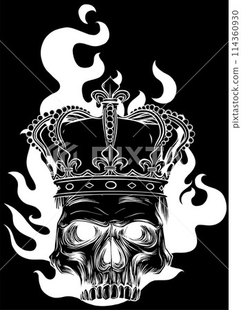white silhouette of king skull with flames vector illustration design on black background. digital hand draw white silhouette of king skull with flames vector illustration design on black background. digital hand draw 114360930