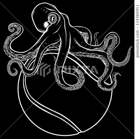 white silhouette of Octopus on tennis ball vector illustration on black background white silhouette of Octopus on tennis ball vector illustration on black background 114360951