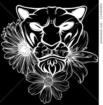 white silhouette of lion head with floral wreaths. vector illustration on black background 114360984