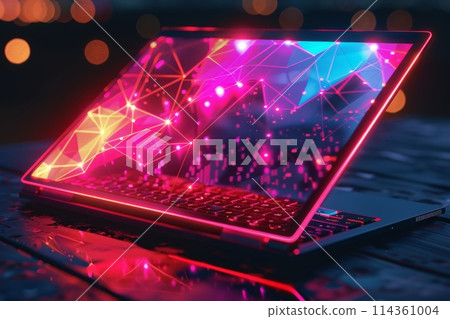 digital laptop of glowing 3d triangular polygons 114361004