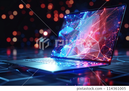 digital laptop of glowing 3d triangular polygons 114361005