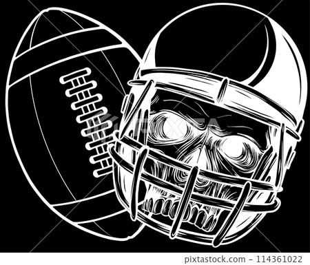 white silhouette of helmet football skull with ball vector design on black background 114361022