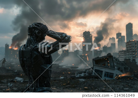 sad cyborg stands with his head propped up on his hand, thinking against the backdrop of city ruins sad cyborg stands with his head propped up on his hand, thinking against the backdrop of city ruins 114361049
