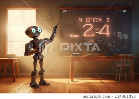 Robot teacher in the classroom points with a pointer to a board 114361056