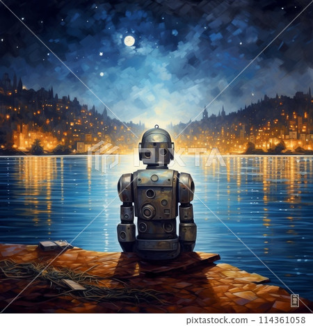high-tech robot against the background of the starry sky high-tech robot against the background of the starry sky 114361058