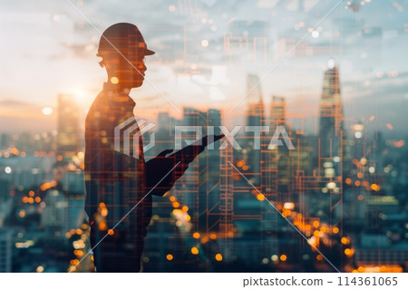 Engineer in a hard hat among modern urban buildings, multiple exposure Engineer in a hard hat among modern urban buildings, multiple exposure 114361065