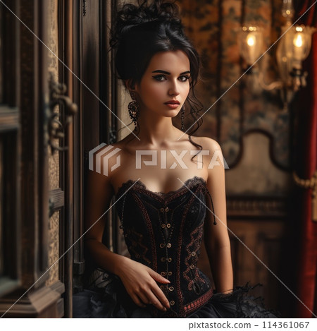 Beautiful brunette with hairstyle wearing earrings in corset in vintage room 114361067