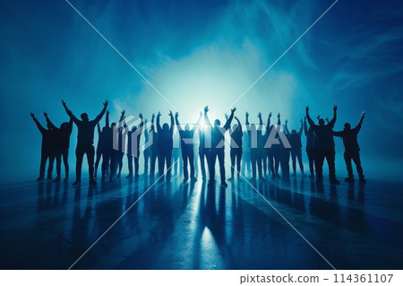group of people standing raises their hands up 114361107