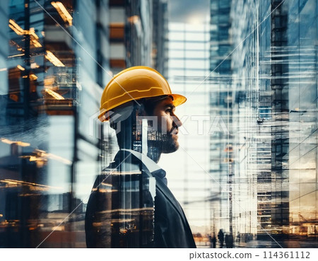 Engineer in a hard hat among modern urban buildings, multiple exposure Engineer in a hard hat among modern urban buildings, multiple exposure 114361112