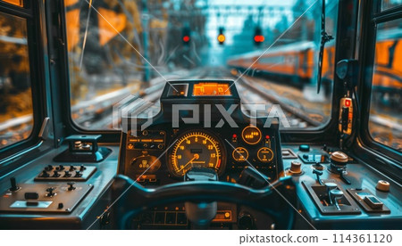 dashboard in the cabin of a locomotive 114361120
