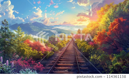 colorful landscape railway stretching into the distance among beautiful nature 114361138