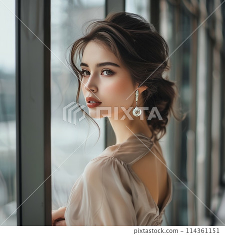 beautiful brunette in a dress in a glass minimalist office 114361151