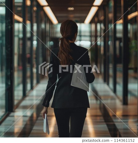 attractive business woman in a business suit walks through the office, view from the back attractive business woman in a business suit walks through the office, view from the back 114361152