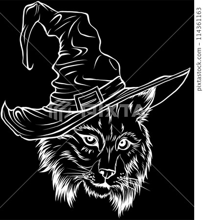 white silhouette of head lynx with witch hat vector illustration on black background. digital hand draw white silhouette of head lynx with witch hat vector illustration on black background. digital hand draw 114361163