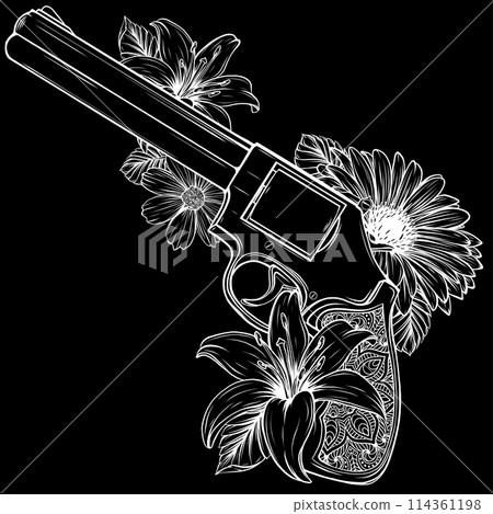 white silhouette of Revolver and flowers vector illustration on black background white silhouette of Revolver and flowers vector illustration on black background 114361198