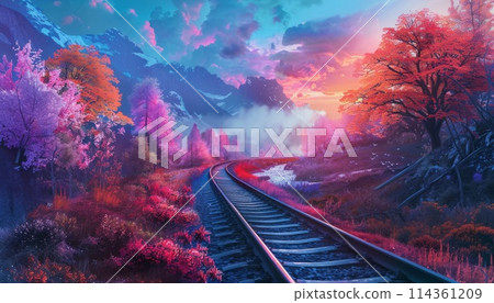 colorful landscape railway stretching into the distance among beautiful nature 114361209