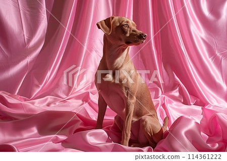 dog sitting on pink satin fabric 114361222