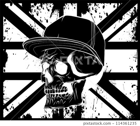 white silhouette of England flag and skull with bonnet on black background. white silhouette of England flag and skull with bonnet on black background. 114361235