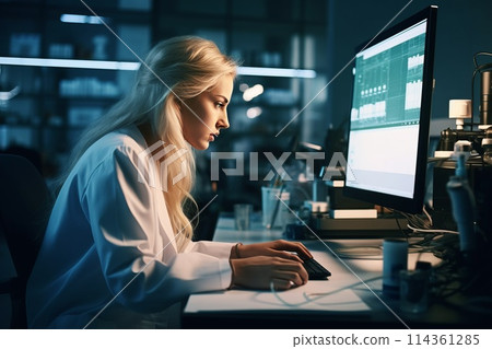 Blonde pharmaceutical scientist using computer while working in laboratory 114361285