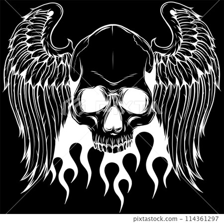 white silhouette of skull with wings and fire on black background 114361297
