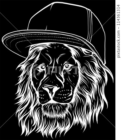 white silhouette of lion head with hat vector illustration design on black background 114361314