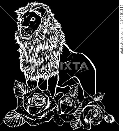 white silhouette of Lion with roses. vector illustration design on black background 114361315