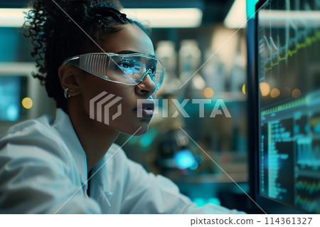 African American pharmaceutical scientist using computer while working in laboratory African American pharmaceutical scientist using computer while working in laboratory 114361327
