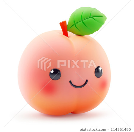 Cheerful anthropomorphic peach with a leaf and stem on white background 114361490