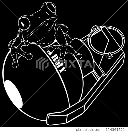 white silhouette of Hand grenade with frog vector illustration on black background white silhouette of Hand grenade with frog vector illustration on black background 114361521