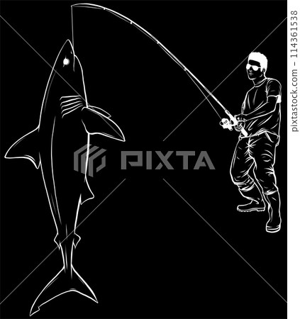 white silhouette of Fisherman and shark abstract vector illustration design 114361538