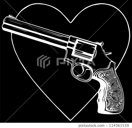white silhouette of classic gold revolver vector illustration on black background white silhouette of classic gold revolver vector illustration on black background 114361539