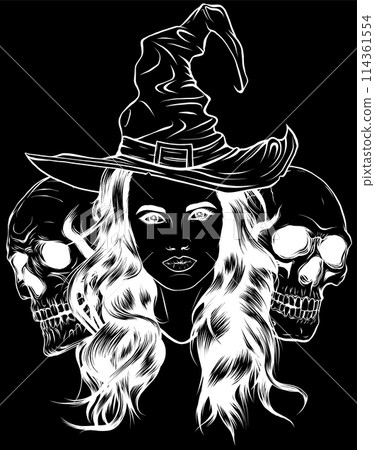 white silhouette of Dead witch with two sugar skulls on black background white silhouette of Dead witch with two sugar skulls on black background 114361554