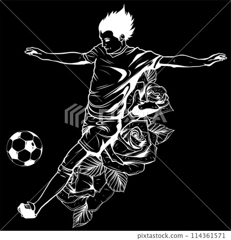 white silhouette of Soccer player kicking ball on black background vector illustration. Front view. white silhouette of Soccer player kicking ball on black background vector illustration. Front view. 114361571