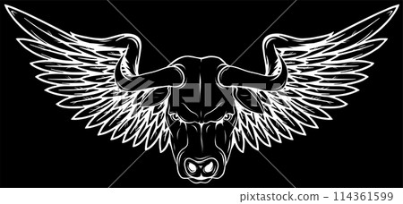 white silhouette of cow wing on black background vector illustration, Winged cow ancient emblems elements white silhouette of cow wing on black background vector illustration, Winged cow ancient emblems elements 114361599