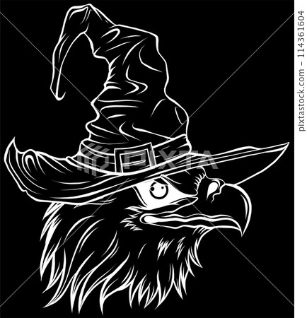 white silhouette of Funny and scary eagle wearing witch hat for Halloween on black background white silhouette of Funny and scary eagle wearing witch hat for Halloween on black background 114361604