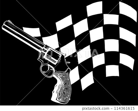 white silhouette of Gun revolver handgun six shooter pistol on black background 114361615
