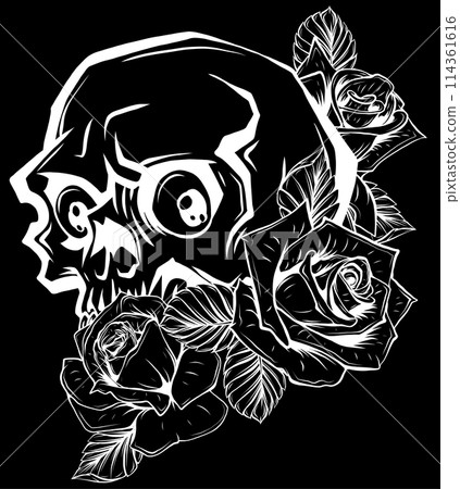white silhouette of skull with roses on black background white silhouette of skull with roses on black background 114361616