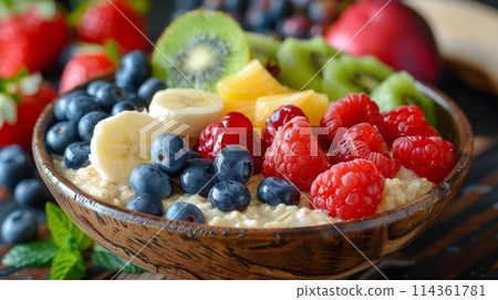 Nutritious Bowl of Oatmeal With Berries and Kiwi Nutritious Bowl of Oatmeal With Berries and Kiwi 114361781