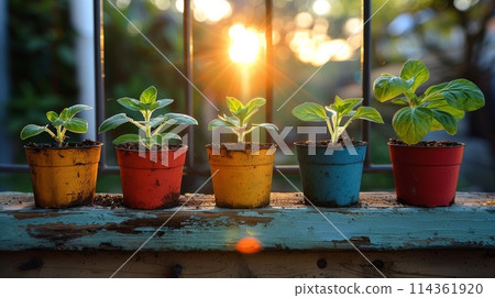 Row of Potted Plants on Wooden Bench Row of Potted Plants on Wooden Bench 114361920